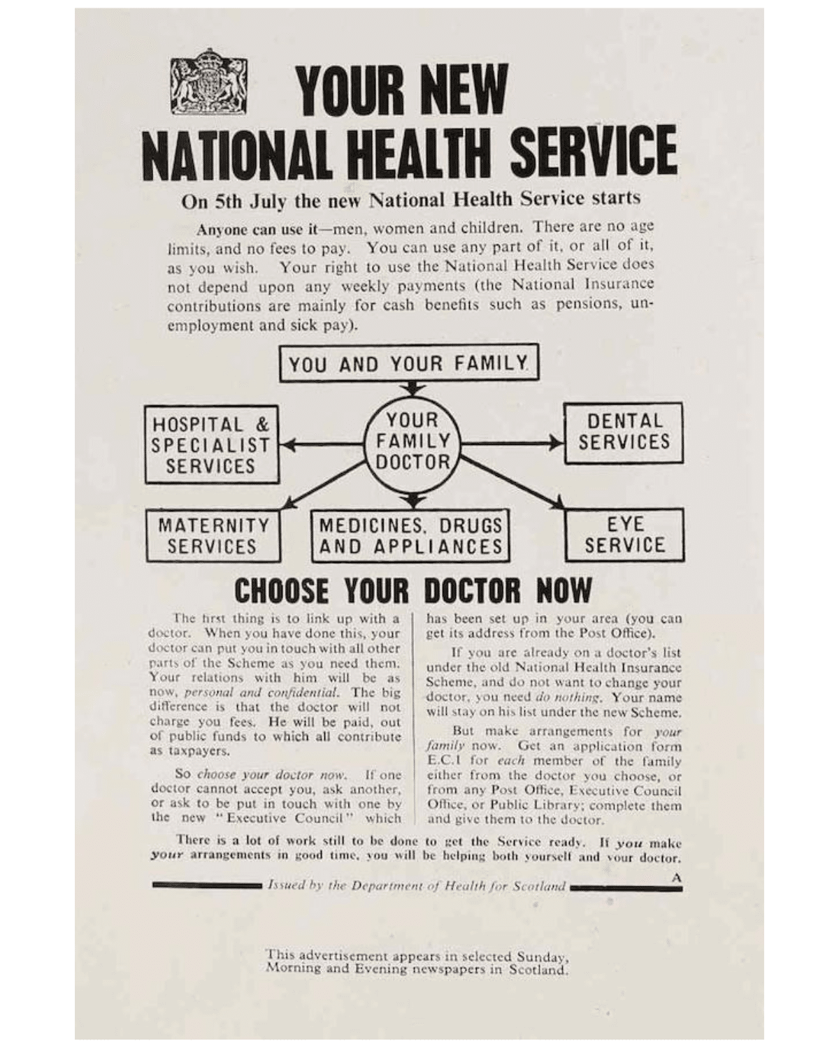 Leaflet entitled Your New National Health Service - On the 5th of July the new National Health Service starts