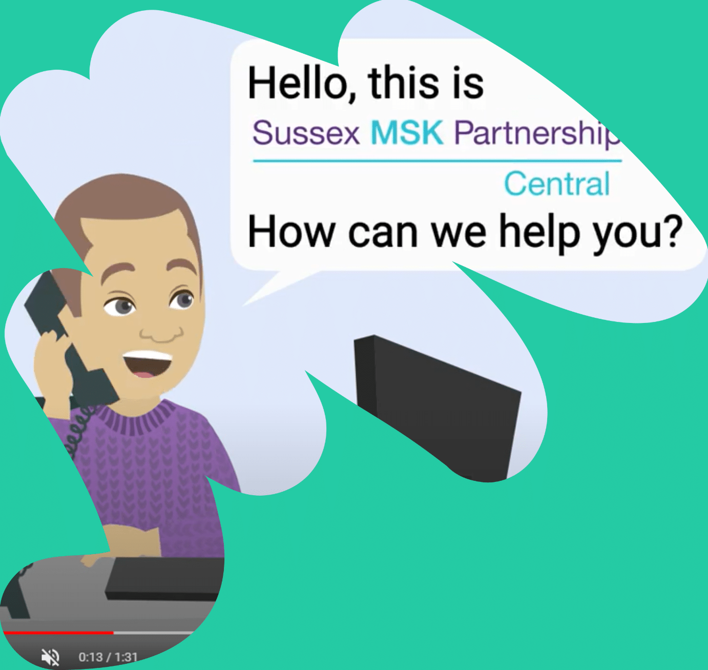 Animated image of a man sat at computer talking on the phone asking 'How can we help you?'