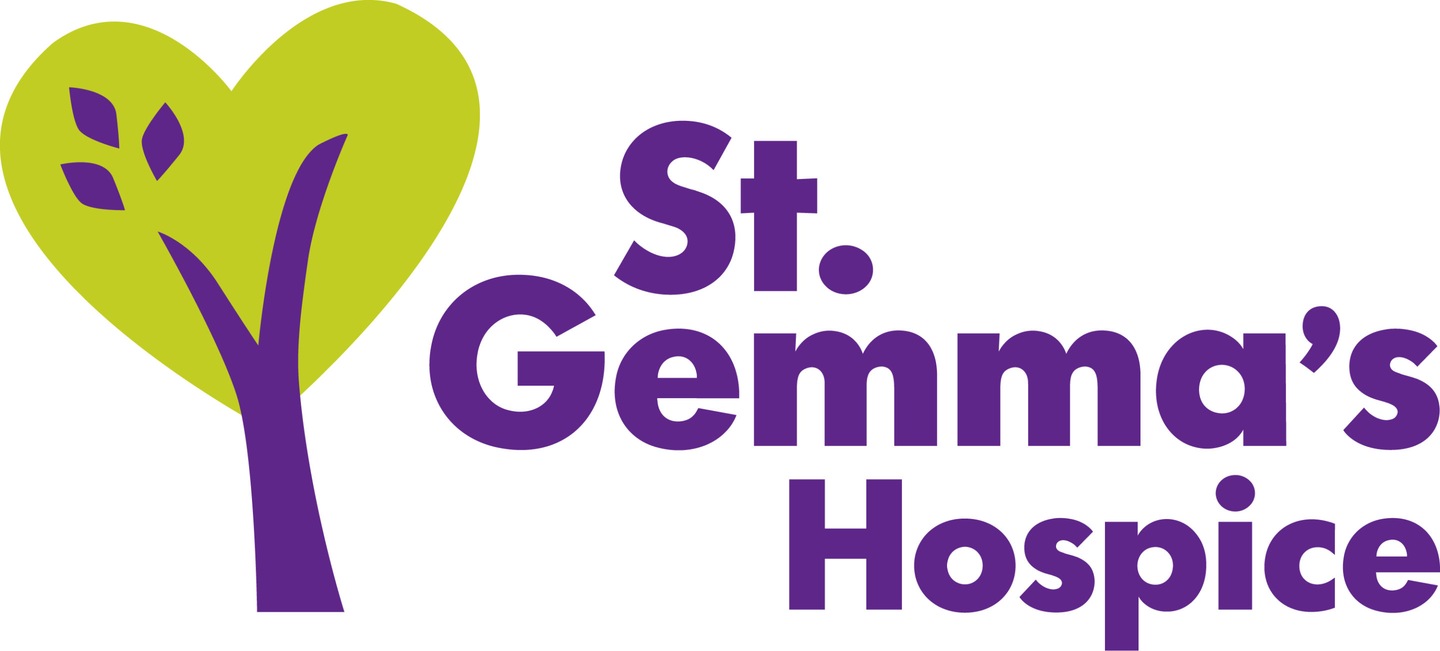 Logo reads St Gemma's Hospice with an illustration of a tree in green and purple