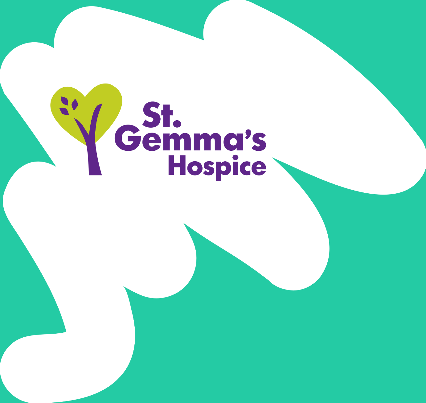 Graphic reads St Gemma's Hospice with the logo which has an illustration of a tree in green and purple