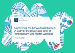 Professional head-and-shoulders portrait of a woman with long blonde hair wearing a blue blazer and white top, smiling gently. The photo is framed within an abstract clover-shaped cutout on a teal background, with a softly blurred indoor setting visible behind her.