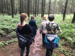 Four people walking together along a muddy woodland path surrounded by tall trees and dense greenery, seen from behind.